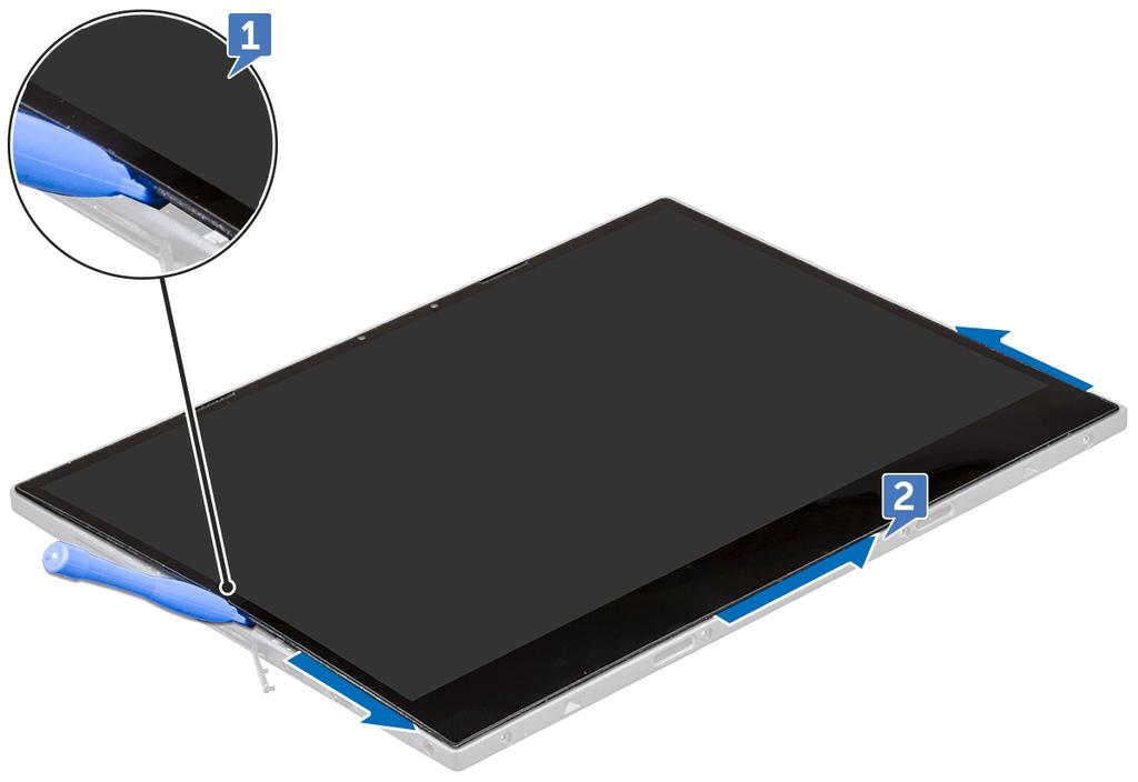 6 To release the display panel (with suction cup): a Remove the M2x4 (4) screws that secure the display panel to the tablet [1].