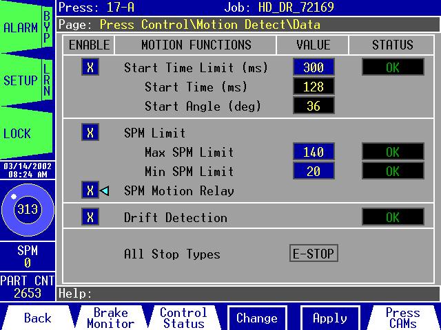 Press Control\Motion Detect\Data: Figure 3.19: The Press Control\Motion Detect\Data Start Time Section SPM Section Drift Detect Section The Press Control\Motion Detect\Data allows you to: 1.