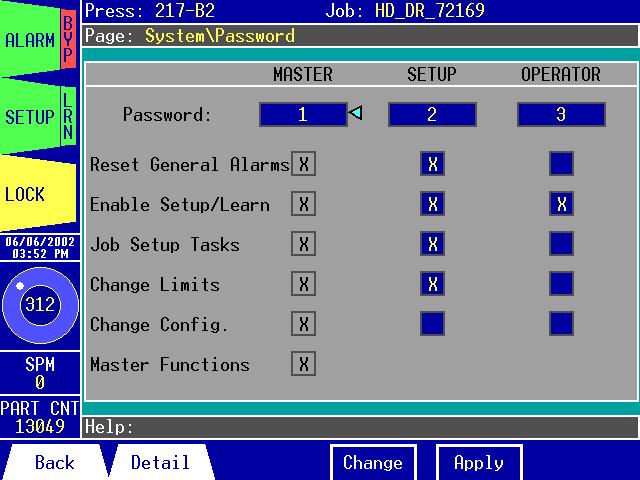 System\Password: Figure 3.36: The System\Password The System\Password page allows you to: 1. View and change the Master-level, Setup-level, and Operator-level passwords. 2.