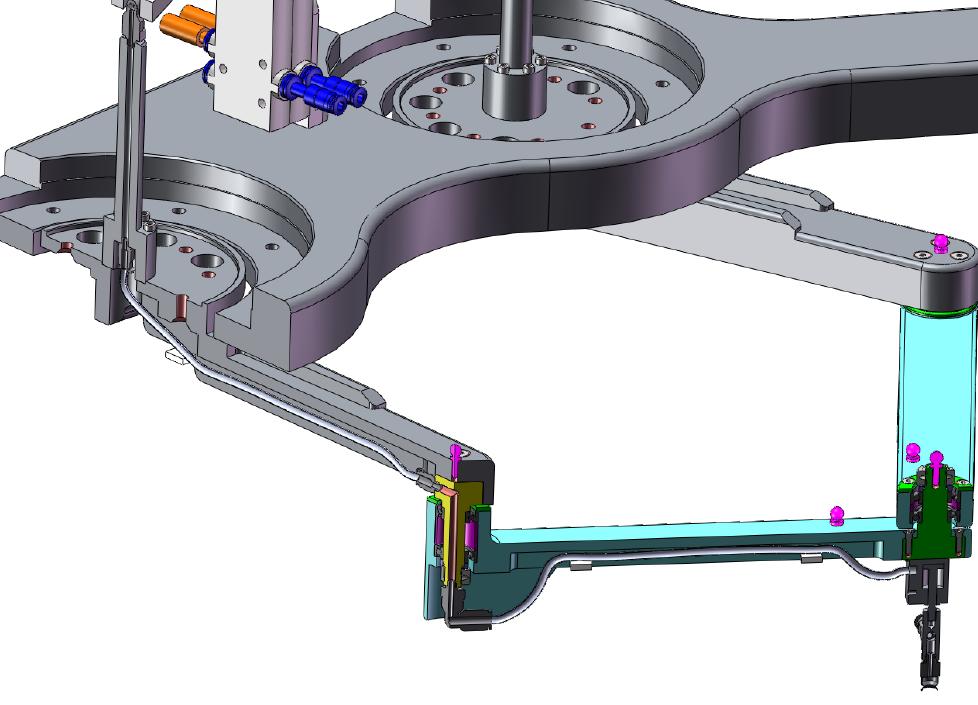 The small spheres attached at the links (in magenta) are tooling balls that can be used for calibration by a CMM or a measurement arm (though we eventually acquired a laser tracker and no longer need