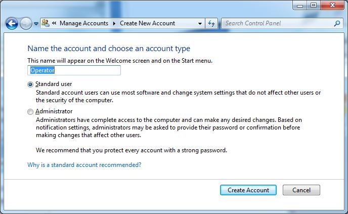 3. Name the account and select Standard user as the