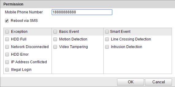 Figure 6-21 SMS Alarm Settings 3) Input the mobile phone number for the white list, check the checkbox of Reboot via SMS, select the alarm for SMS push, and click OK.
