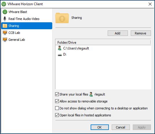 16. To enable access to your computer s Home folder and removable USB storage, click the gear button at the top of the window. 17. The VMware Horizon Client preferences dialog box is displayed.