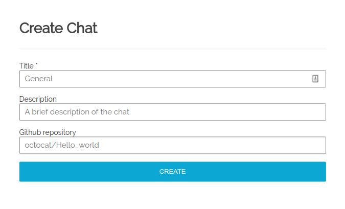 52 Implementation of a chat application for developers Figure 4.9: Create chat form. Although we created pretty much AJAX endpoints for everything, we left messaging ones out for now.