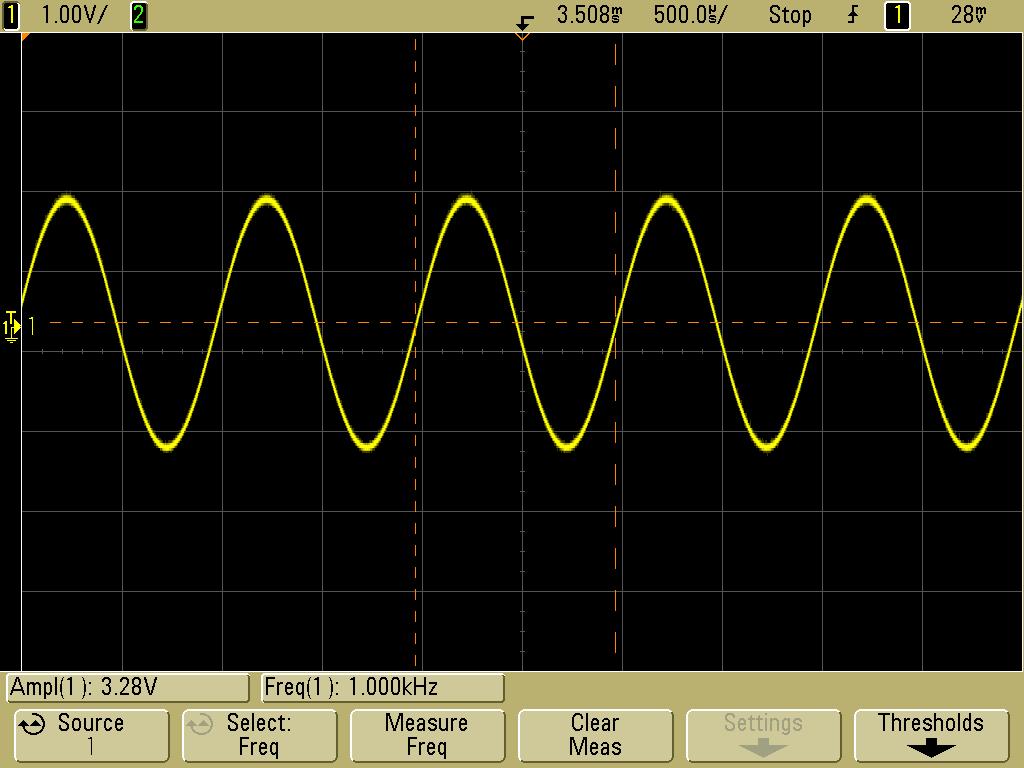 The images shown here are the output waveforms of the design seen on an oscilloscope: Figure 7-1: Analog output for 1 khz input frequency The image in figure 7-1 is the analog output of the device.