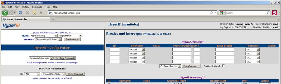 The HyperIP Proxies & Intercepts frame is launched from the HyperIP Configuration webpage and is used to configure what