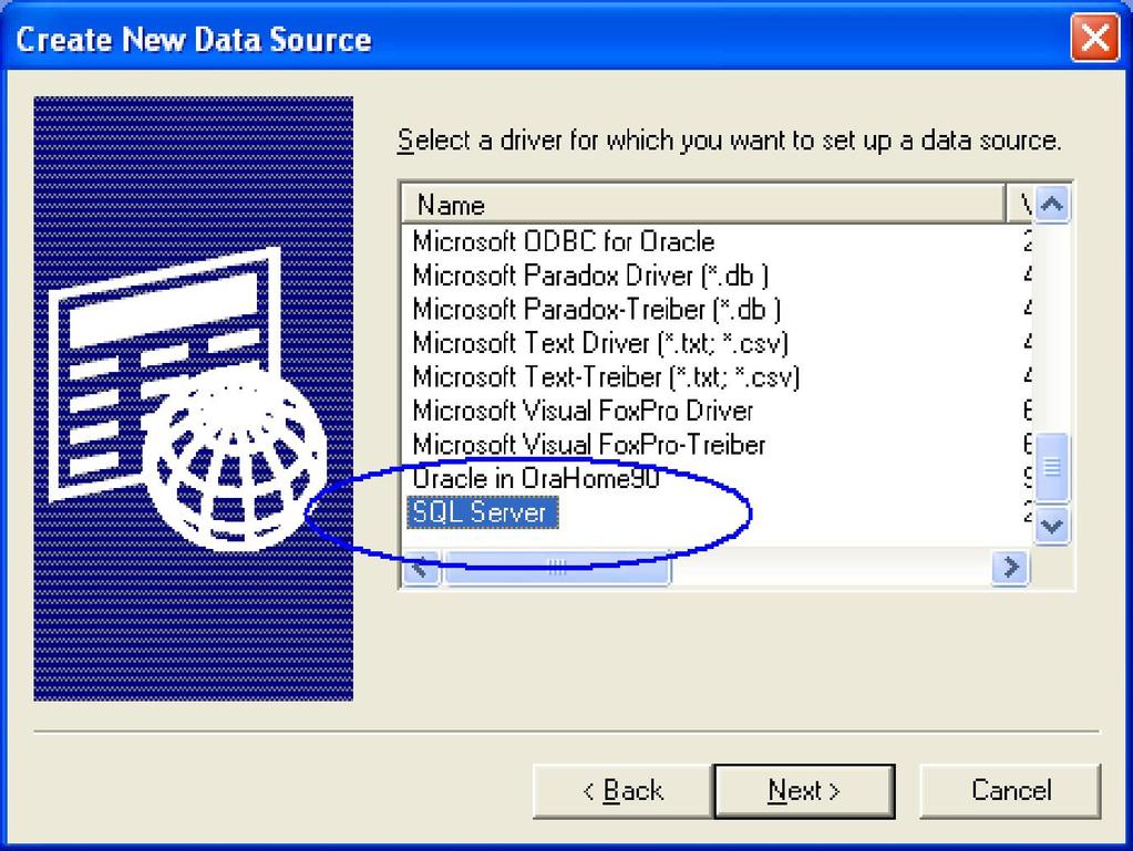 Bước 4 : Tại phần lựa chọn các CSDL : bạn chọn SQL server: Sau 1 lần xác nhận các thông tin đã chọn, hộp thoại Create Data source to