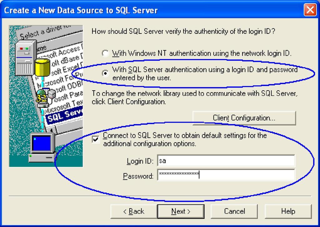- Chọn With SQL server authentication using a login ID & password entered by user -