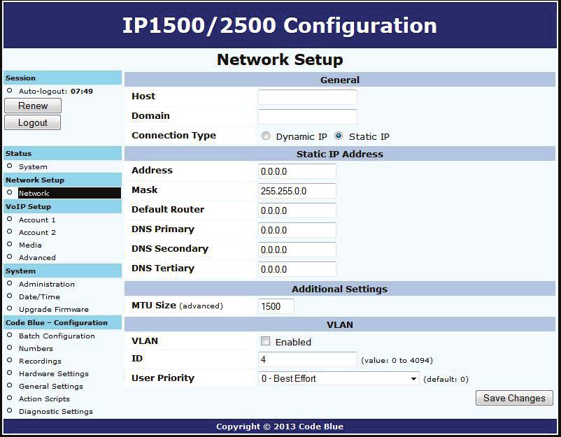VLAN Configuration The speakerphone is capable of performing IEEE 802.1Q frame tagging and user priority settings. 1. Click on the Network menu item under Network Setup (see far left-hand column). 2.