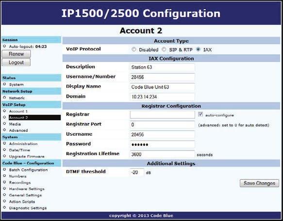 Configuring an IAX Account Either of the speakerphone s two accounts can be configured to register to a VoIP system via IAX.