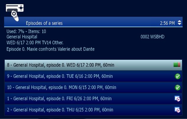 Select the series you wish to view by highlighting it and pressing OK. The list of available episodes for that series will then appear.