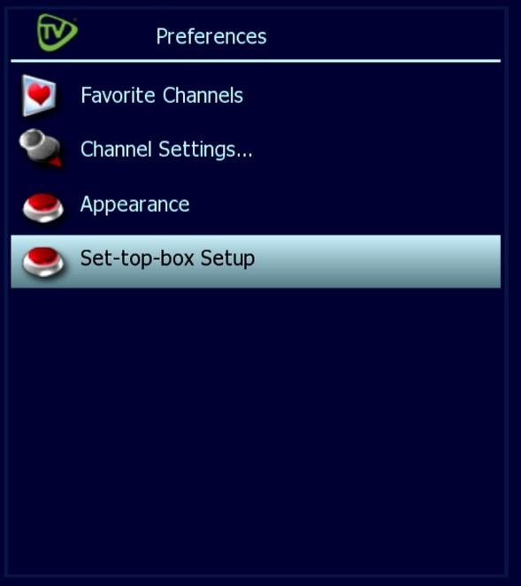 Set-Top Box Setup Set-Top Box Setup controls advanced settings for your set-top box. Apart from Closed Captioning, do not alter anything here without assistance from a technician 1.
