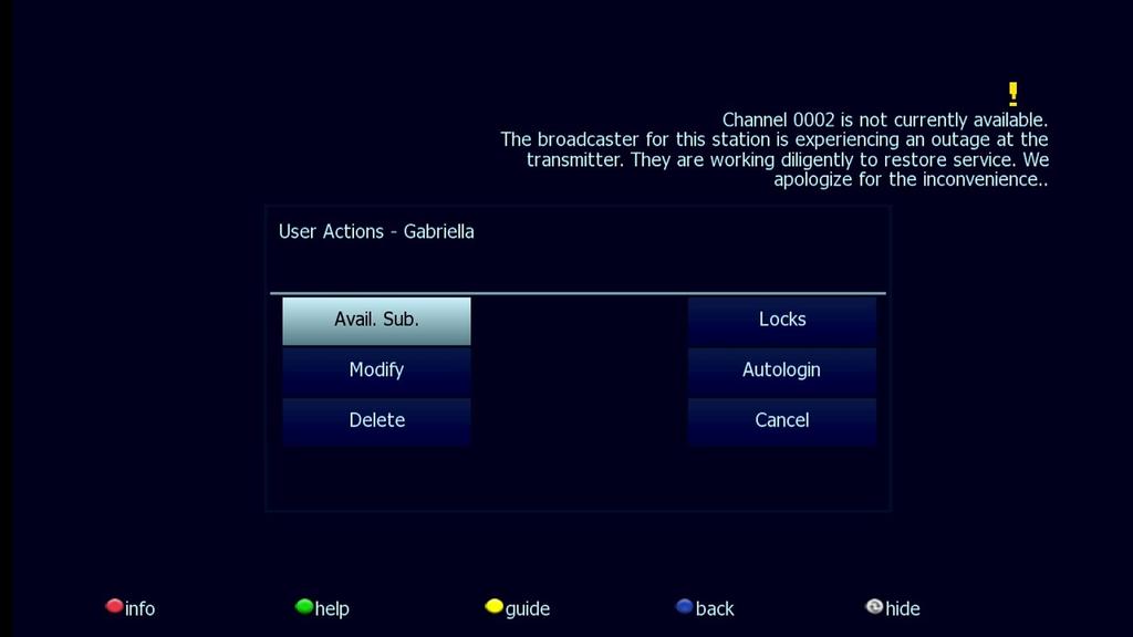 : View current subscriptions for the selected user 2. Locks: activate/deactivate parental control for programs or channels.
