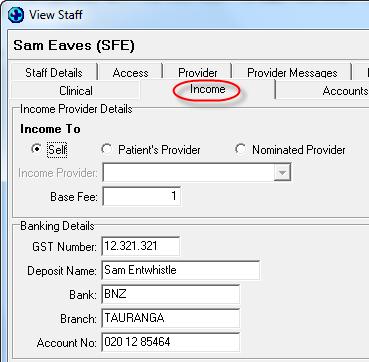Income The income tab records who the income of the selected Provider goes to when invoicing.