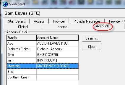 Staff Accounts Tab Select an account for a Funder by highlighting the appropriate line then click on the Search option to display the Search Patient screen.