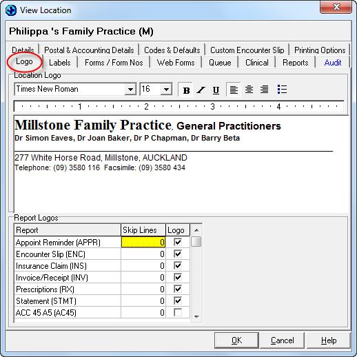 Logo Tab Record your Practice Logo here Tick the applicable Logo check boxes to apply the logo to the various reports.