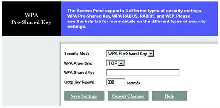 WPA Pre-Shared Key If you do not have a RADIUS server, Select the type of algorithm, TKIP or AES, enter a password in the Pre-Shared key field of 8-32 characters, and enter a Group Key Renewal period
