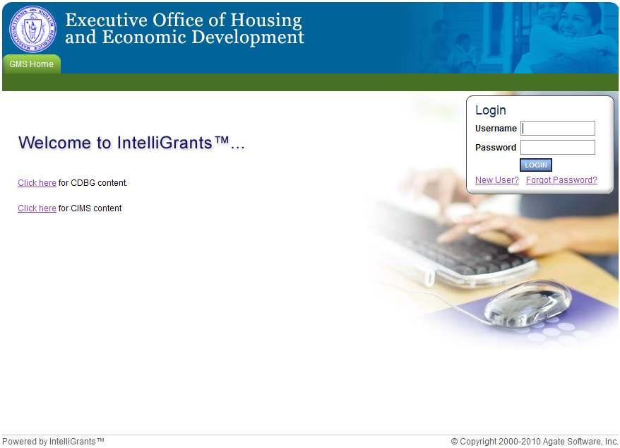 2. MassWorks Infrastructure Program Homepage To access the Executive Office of Housing and Economic Development online grant application website, type http://madhcd.intelligrants.com/login2.aspx?