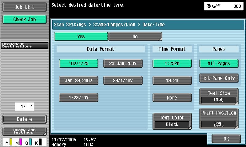Scanning 4 Touch [Date/Time]. 5 To specify a date and time, touch [Yes], and then specify the date and time settings.