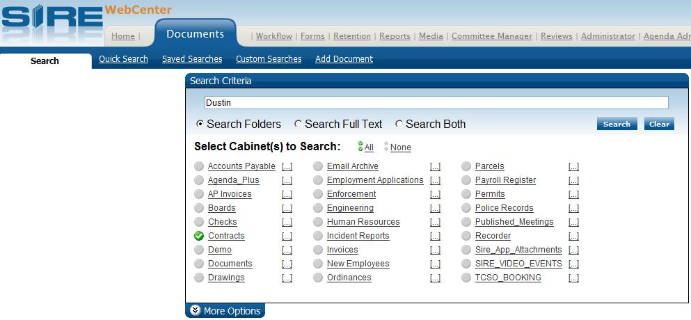 41 Performing Limited Option Searches A Limited Option Search, or Simple Search, compares input search criteria to index field values describing SIRE folders.