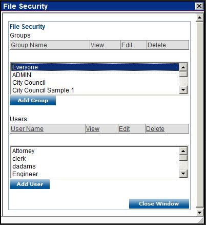 97 Managing Individual File Security in the Folder View Security can be set up for an individual file so that only select users or groups can see that file in a folder.