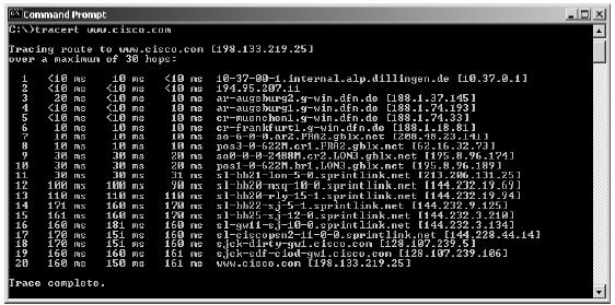 Figure. A traceroute output. Trace the route to the website of the Department of Electrical Engineering. Type tracert www.ee.uct.ac.za and press enter.