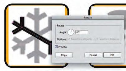 6. Type 60 in the Rotate field, and then click Copy. 7. Choose Object>Transform>Transform Again to create the third branch of the snowflake icon.