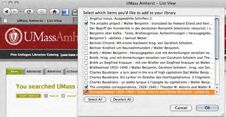 2. Click the folder icon for a list of the items on the page. 3. Select the items to save and click OK. References for the checked items will be added to your Zotero library.