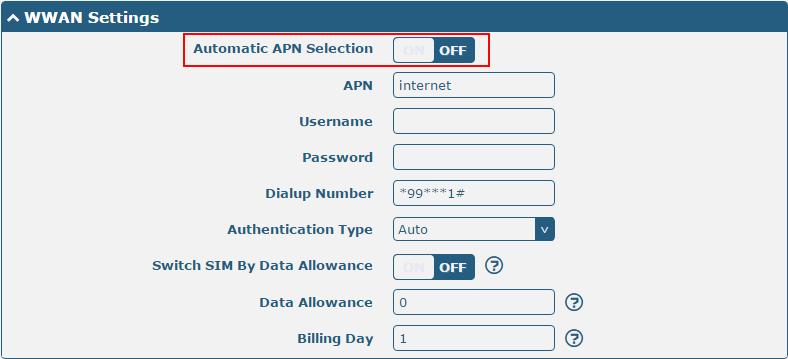 APN Selection option.