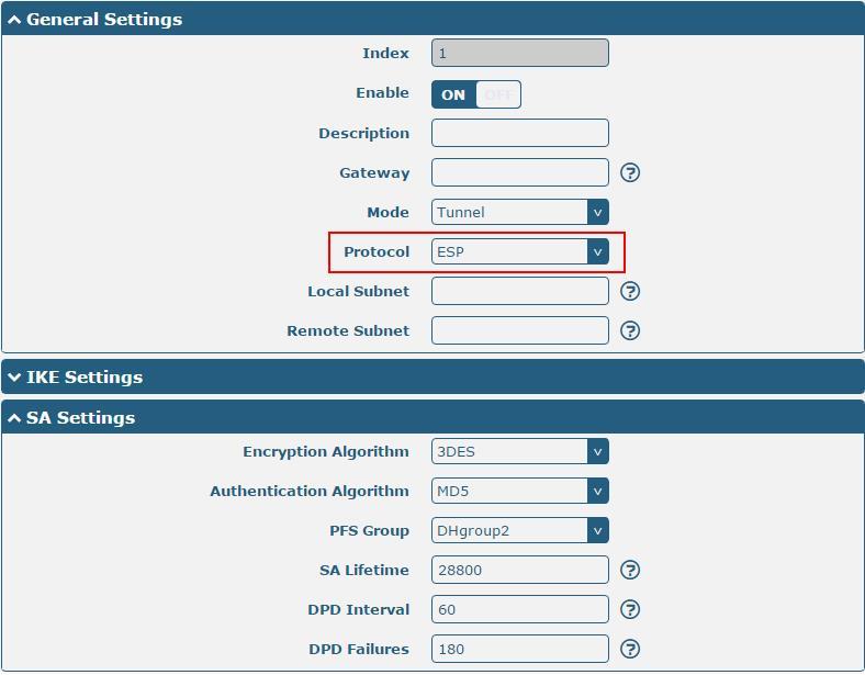 IKE Settings Remote ID Type IKE Lifetime Select from Default, FQDN and User FQDN for IKE negotiation.