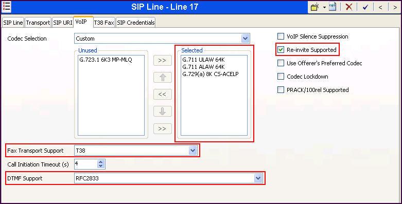 Select the VoIP tab, to set the Voice over Internet Protocol parameters of the SIP line. Set the parameters as shown below. Set the Codec Selection to Custom. Choose G.711 ULAW 64K, G.
