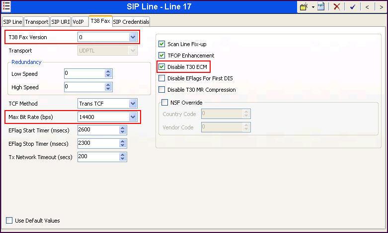 Select the T38 Fax tab to set the Fax over Internet Protocol parameters of the SIP line. Set the parameters as shown below. Uncheck Use Default Values at the bottom of the screen.
