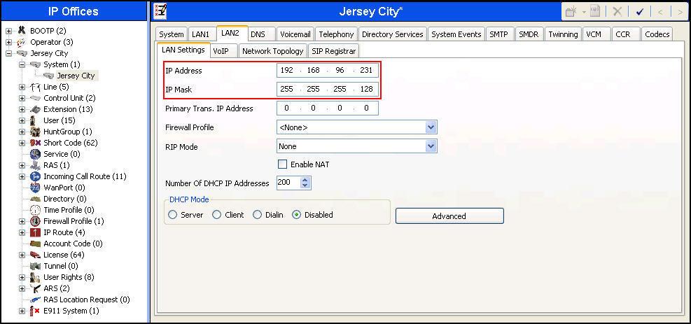 5.2. LAN2 Settings In the sample configuration, Jersey City was used as the system name and the WAN port (LAN2 port) was used to connect the Avaya IP Office to the public network.