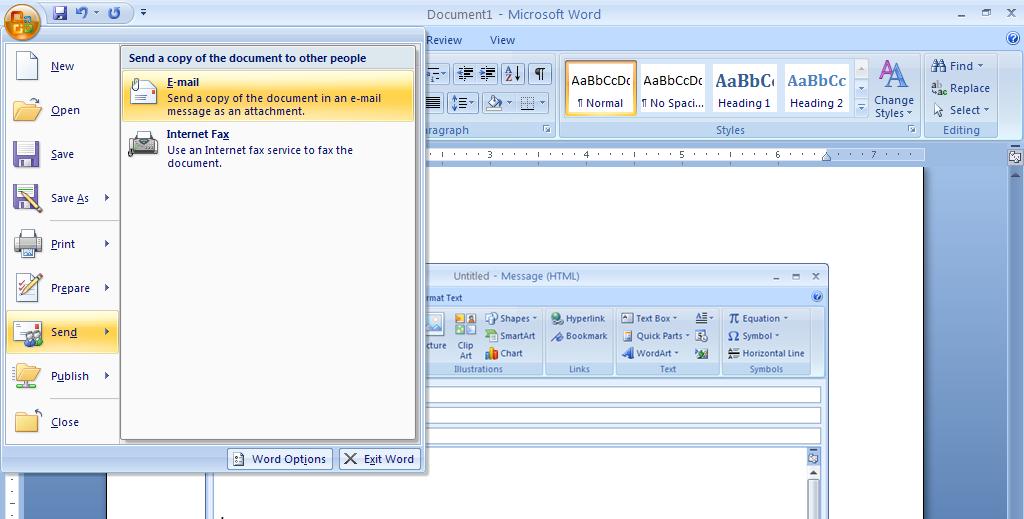 Sending a File via Email Directly From the Application When working in another Office application, you can send it directly from the application, rather than attach it to an email from Outlook.