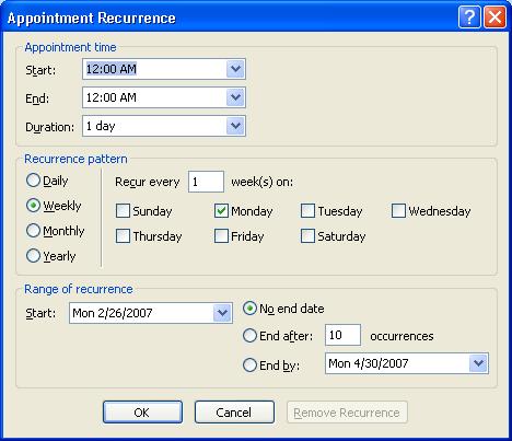 Creating Recurring Appointments To create a recurring appointment: Click on the day of the appointment, using the calendar display located on the right side of the screen.