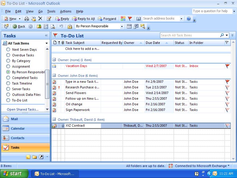 Displaying Tasks By Person Responsible categorizes tasks and files them under the person responsible for completing the task.