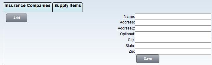 Administration cont. Tab 3, Billing: Allows customization of the Insurance companies and Supply Items.