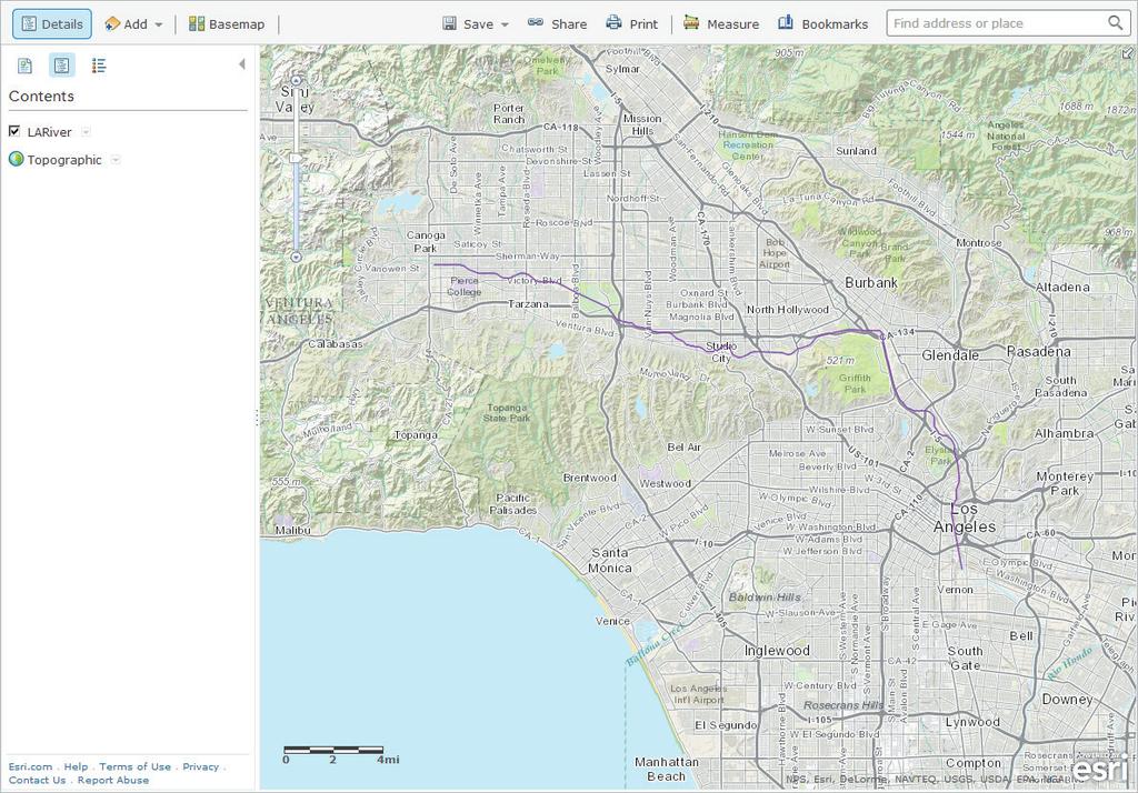 e Accept the default option to generalize features for web display and click Import Layer. The LARiver layer is added to the map. The map zooms to the extent of the layer (Figure 9-19).