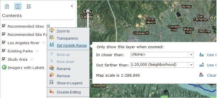 Figure 9-42 a On the Contents panel, open the layer properties for Recommended Sites (the Map Notes layer) and choose Set Visibility Range.