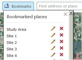 c In the text box, type Study Area (Figure 9-44) and press Enter. Leave the Bookmarked places list open. d Zoom in on Site 1. e In the Bookmarked places list, click Add Bookmark.
