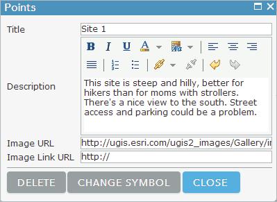 j In your browser, make the tab with the web map active. k In the pop-up window, in the Image URL field, delete the default stub URL (http://) and press CTRL+V to paste the image URL.