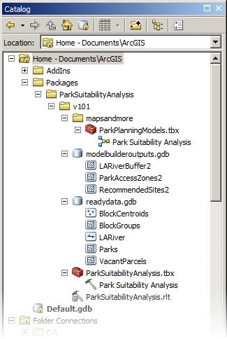Figure 9-102 The model The output geodatabase and feature classes. The input geodatabase and feature classes (only feature classes used as model inputs are included).