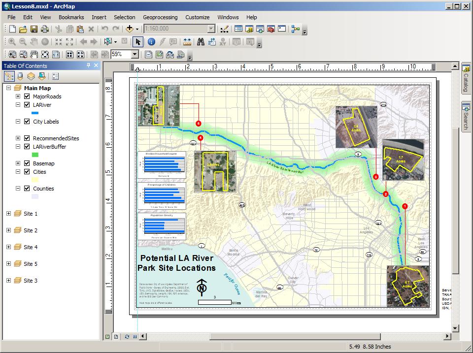 c In the Catalog window, drag Lesson8.mxd into the ArcMap window (Figure 9-103). Figure 9-103 Map packages require that the map document have some basic metadata: a summary, description, and tags.