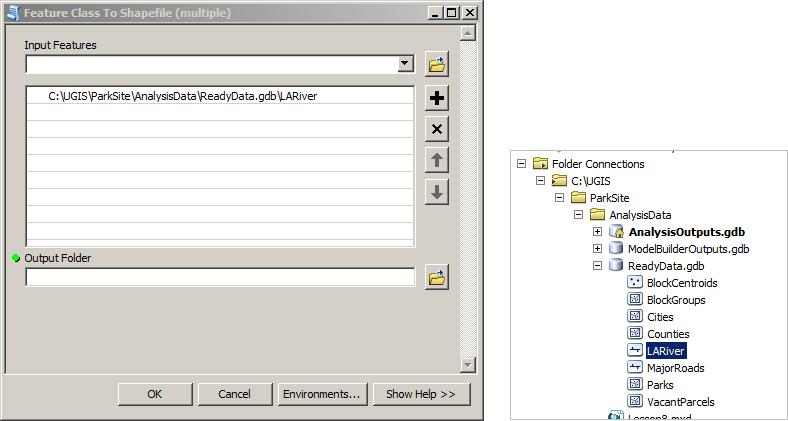 d Open the Feature Class to Shapefile tool. e Open the Catalog window. Expand the AnalysisData folder and the ReadyData geodatabase.