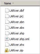 e Follow the same process to zip LARiverBuffer, Parks, and RecommendedSites in turn. Each shapefile consists of seven files. The first has the file extension DBF and the last has the extension SHX.