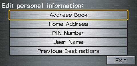 System Set-up Personal Information From the Setup screen (second), say or select Personal Information and the following screen appears: Address Book The Address Book function allows for up to a total