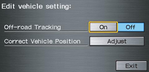 Vehicle From the Setup screen (second), say or select Vehicle and the following screen appears: Off-road Tracking With this On, the system will provide white off-road tracking dots ( breadcrumbs ) on