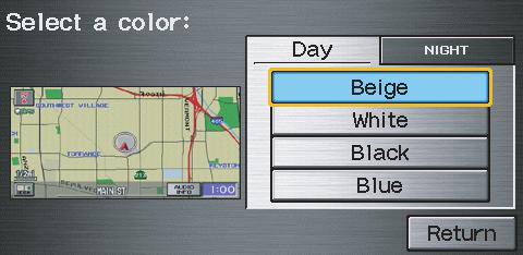 Color From the Setup screen (second), say or select Color and the following screen appears: Map Color Allows you to choose the map color from one of four colors for the Day and Night mode.