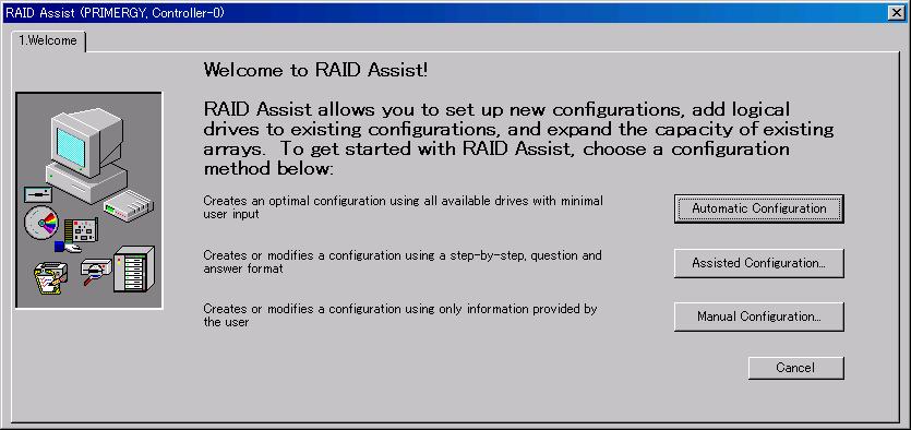 MegaRAID SAS User's Guide 5.4 Operating a RAID Configuration To create a new disk group or logical drive with GAM, use the RAID Assist function.