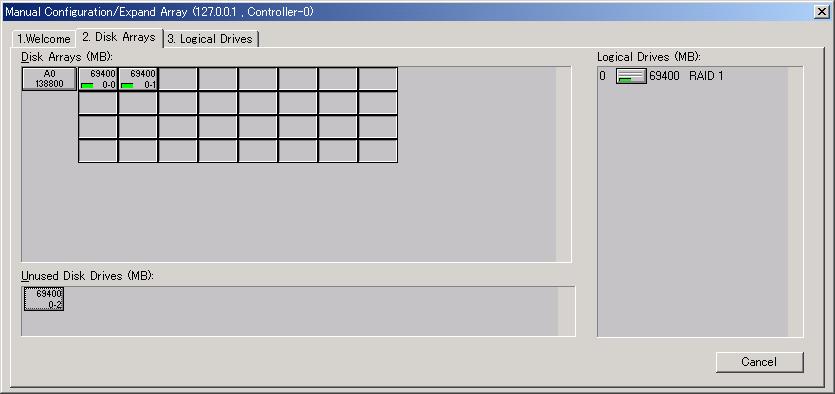 Chapter 5 Using GAM 7 Select the logical drive to be expanded and click [OK]. The [Disk Arrays] tab window appears.